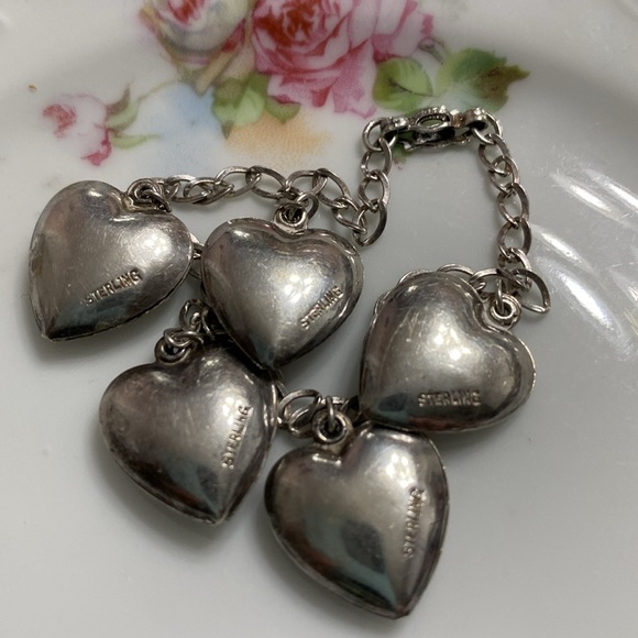 Vtg Sterling 5 Puffy Hearts Bracelet - Picture 6 of 6